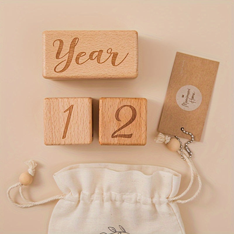 🌙 Wooden Baby Milestone Blocks Set – Light Brown