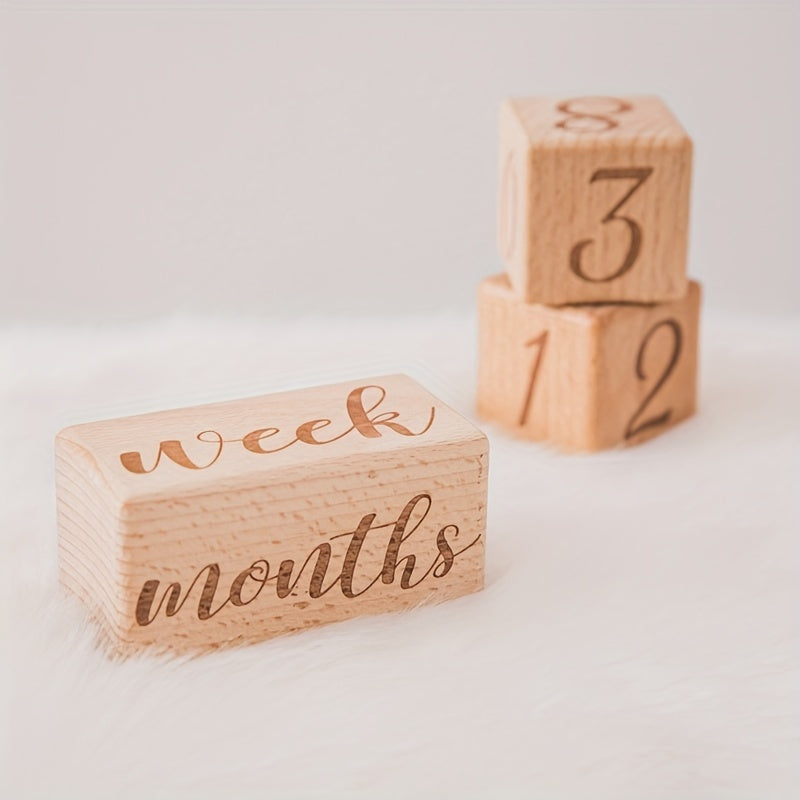 🌙 Wooden Baby Milestone Blocks Set – Light Brown
