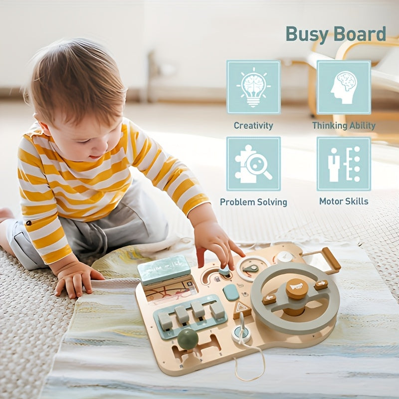 🚗 Wooden Steering Wheel Busy Board Toy