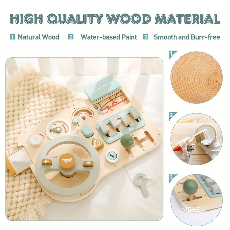 🚗 Wooden Steering Wheel Busy Board Toy