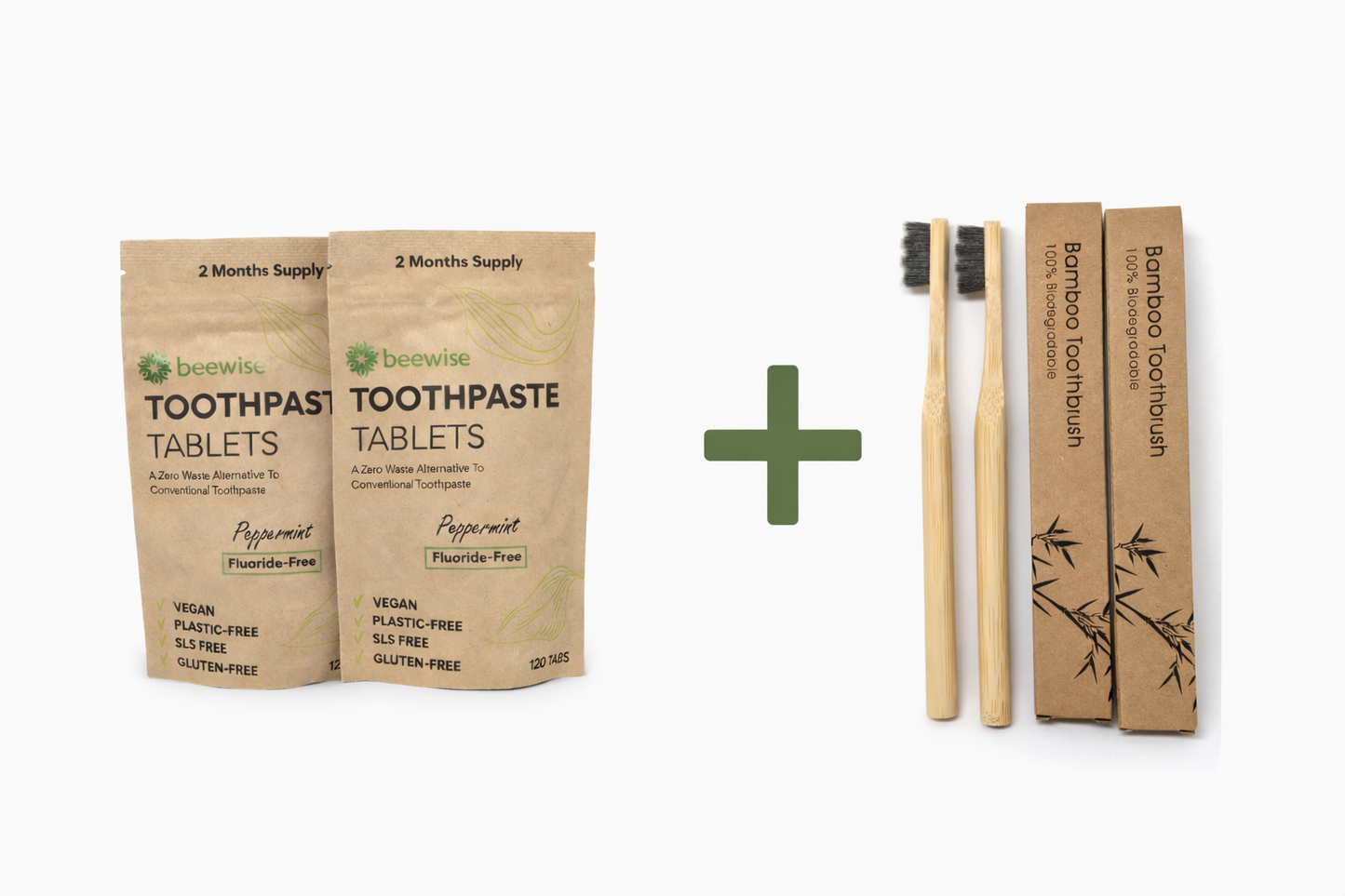 Eco Oral Care Set – 2 Bamboo Toothbrushes + 2 Packs Plastic-Free Vegan Toothpaste Tablets (120 Tabs) – SLS-Free, Zero Waste, Sustainable Oral Hygiene