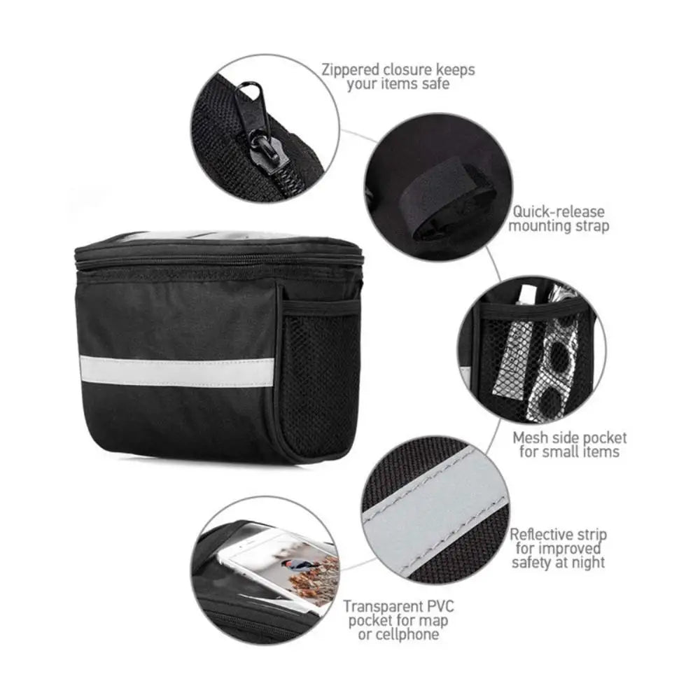 Waterproof Bicycle Handlebar Bag with Phone Holder & Reflective Strips