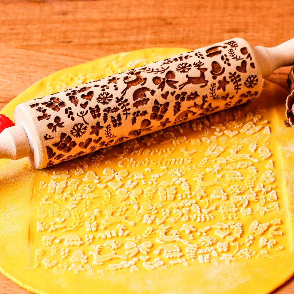 Arjmide Embossed Wooden Christmas Rolling Pin