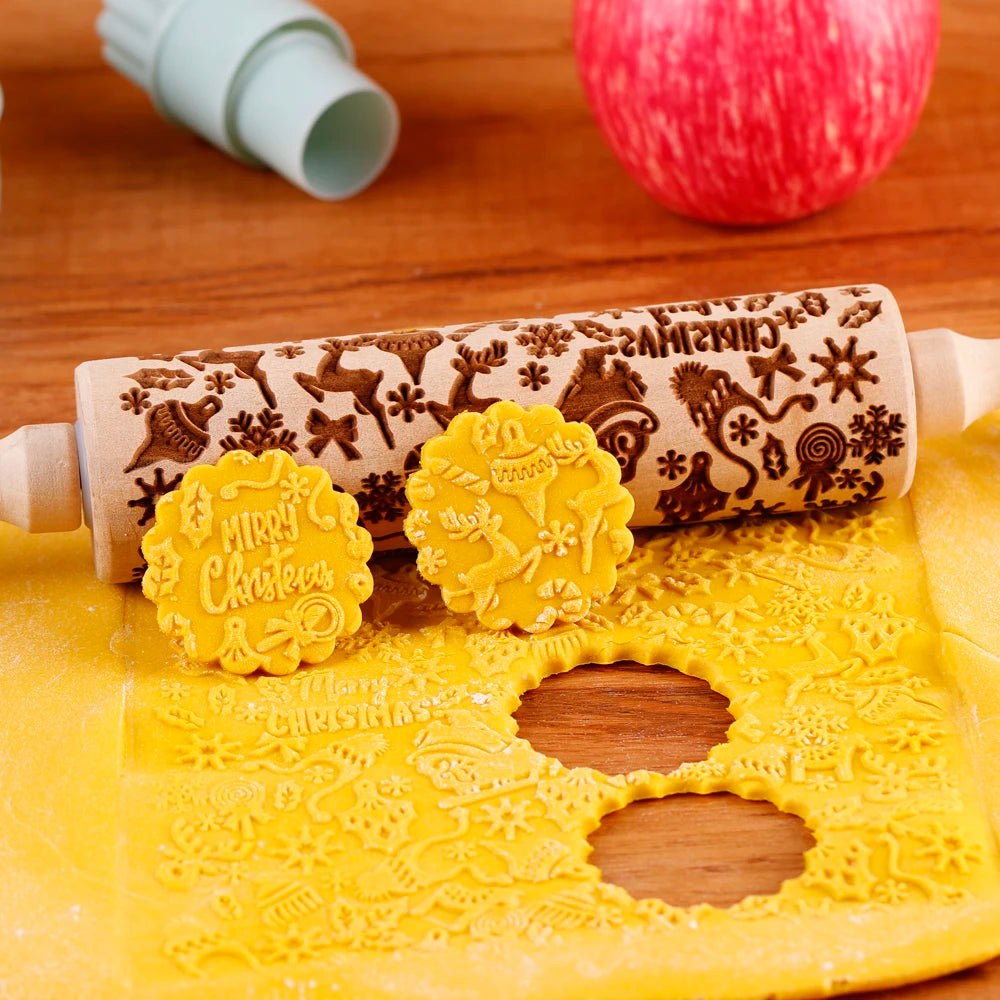Arjmide Embossed Wooden Christmas Rolling Pin