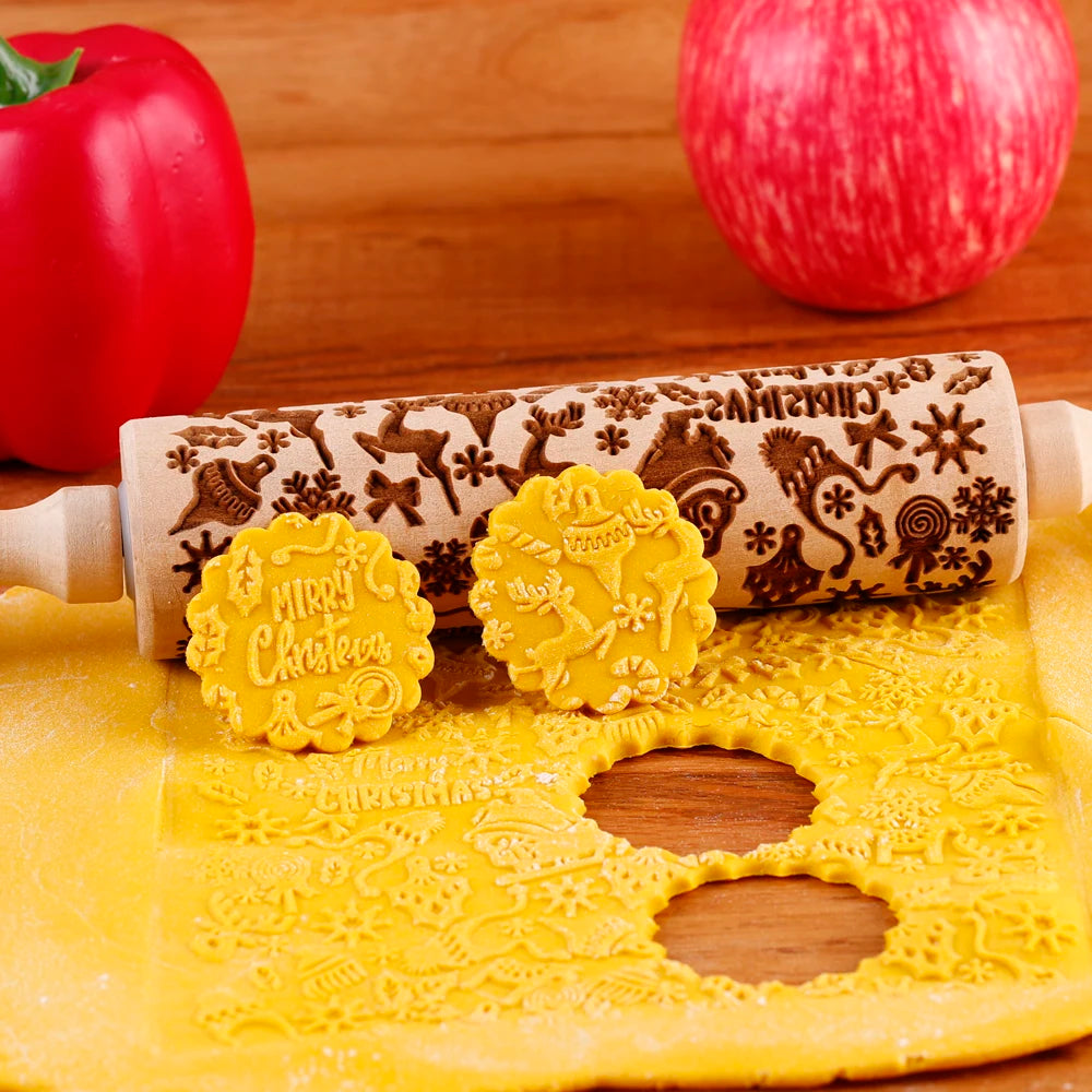 Arjmide Embossed Wooden Christmas Rolling Pin