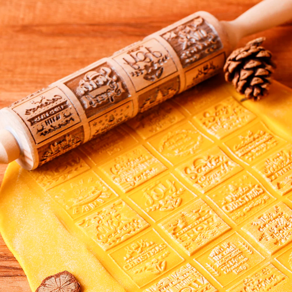 Arjmide Embossed Wooden Christmas Rolling Pin