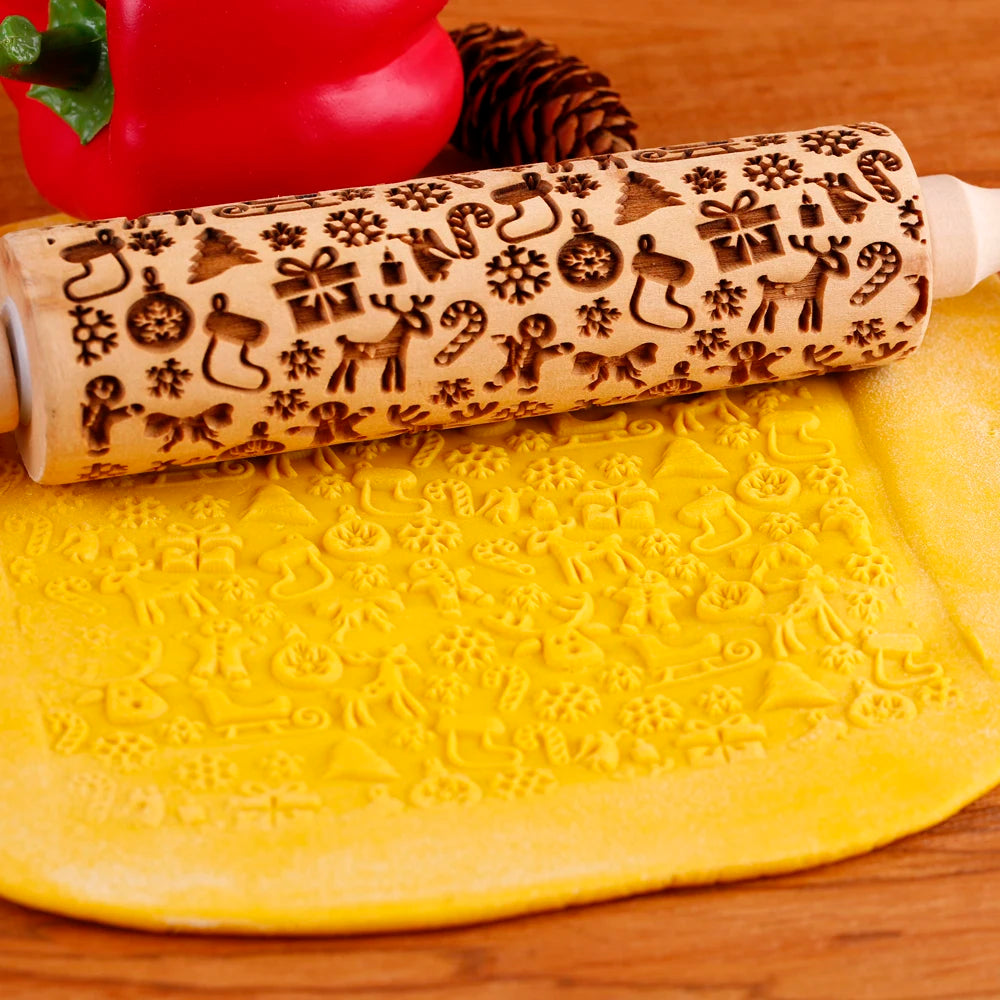 Arjmide Embossed Wooden Christmas Rolling Pin