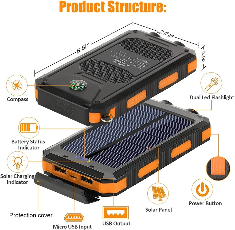 ☀️ Solar Power Bank – Portable Charger with LED Flashlight & Compass (20W)