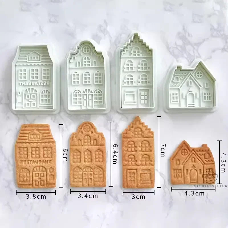 4Pcs Christmas Gingerbread House Pattern Cookie Cutter Biscuit Stamp