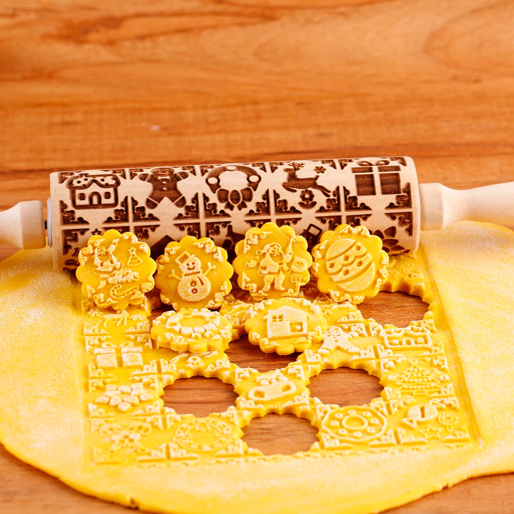 Arjmide Embossed Wooden Christmas Rolling Pin