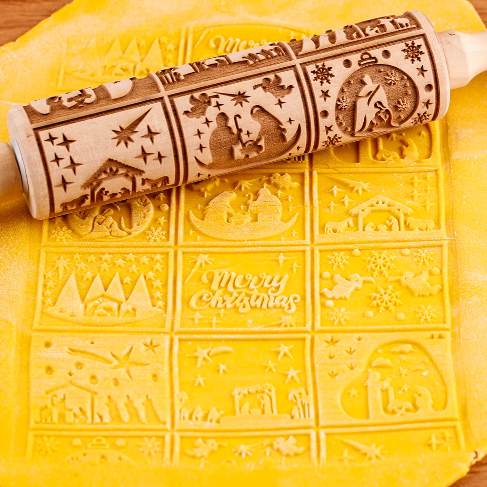 Arjmide Embossed Wooden Christmas Rolling Pin