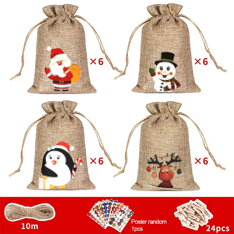 24pcs Christmas Countdown Gift Bags Set โ Reusable Fabric Advent Calendar with Number Stickers, Clips & Hemp Rope