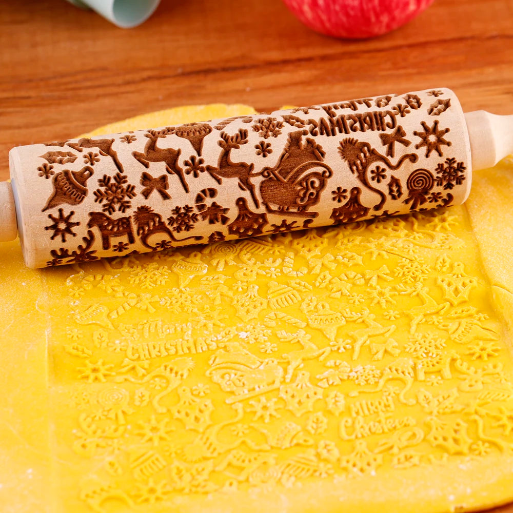 Arjmide Embossed Wooden Christmas Rolling Pin