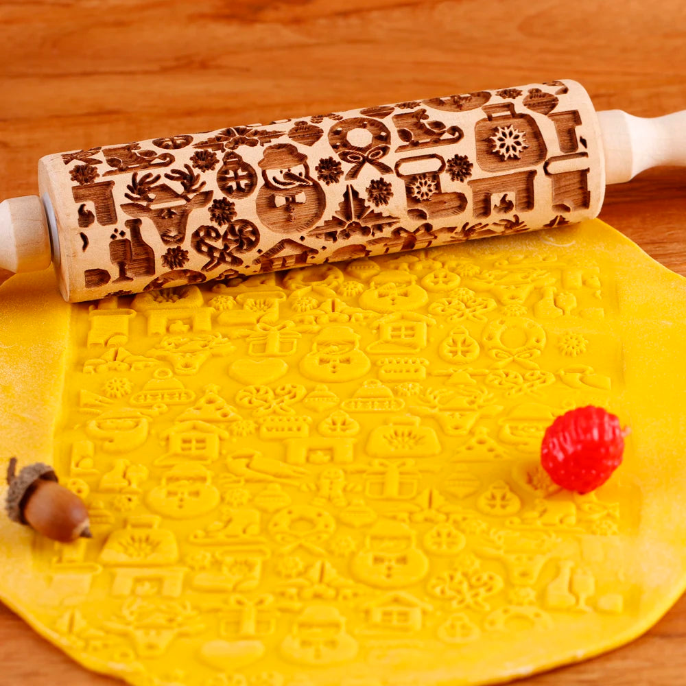 Arjmide Embossed Wooden Christmas Rolling Pin