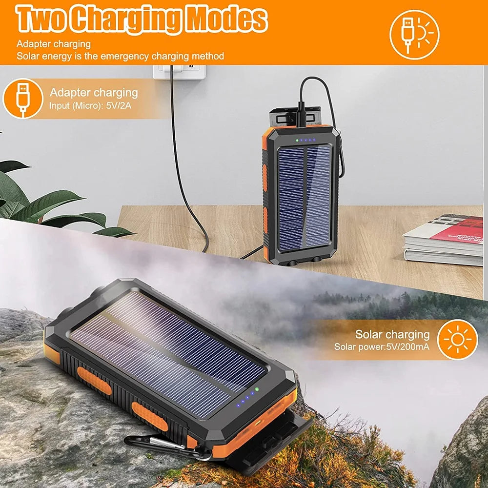☀️ Solar Power Bank – Portable Charger with LED Flashlight & Compass (20W)