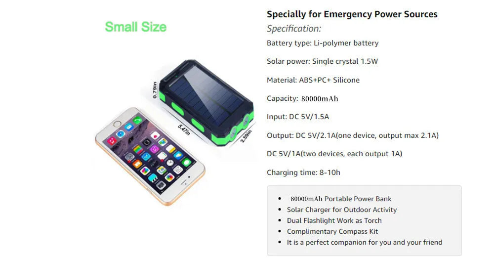 ☀️ Solar Power Bank – Portable Charger with LED Flashlight & Compass (20W)