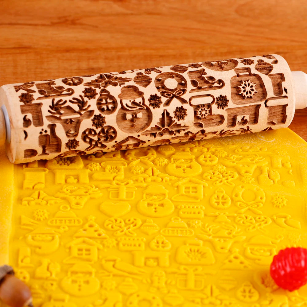 Arjmide Embossed Wooden Christmas Rolling Pin