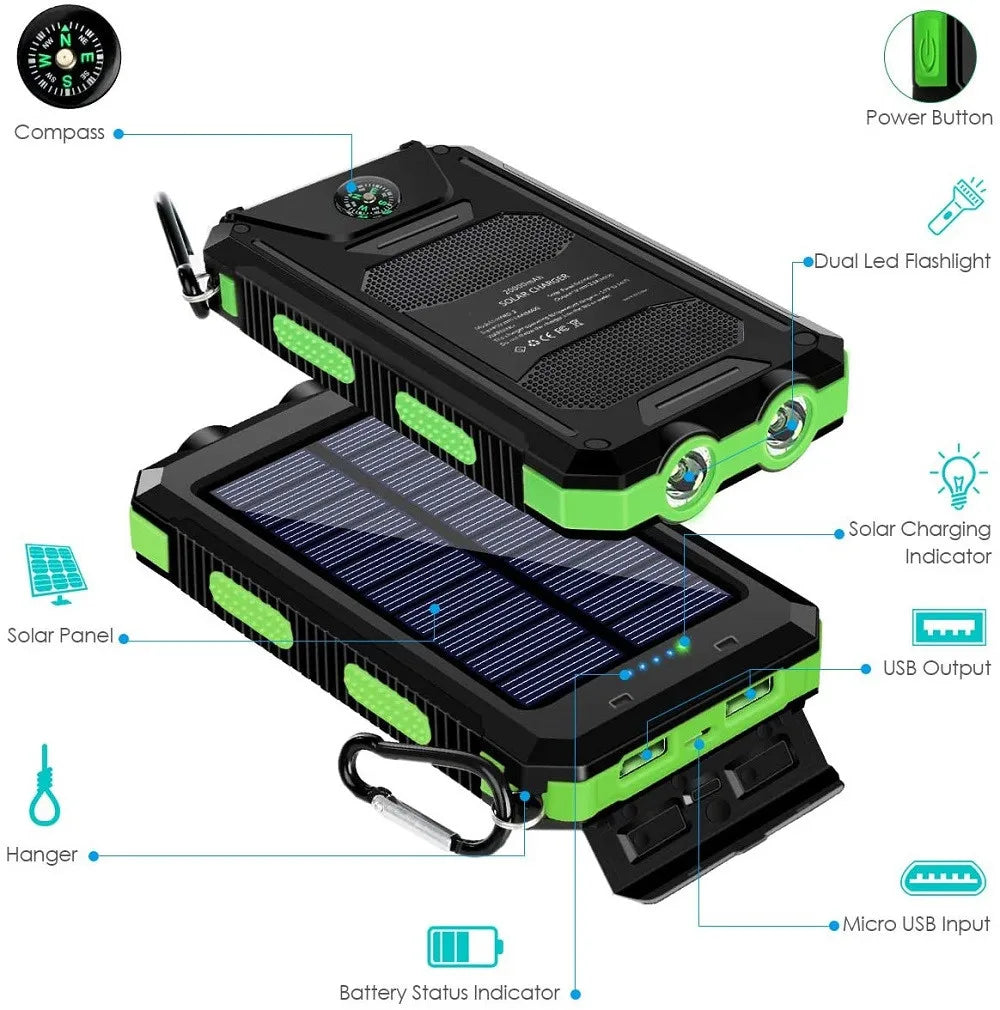 ☀️ Solar Power Bank – Portable Charger with LED Flashlight & Compass (20W)