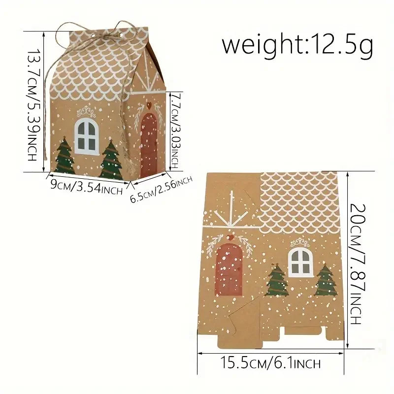 12pcs Christmas Kraft Paper Candy Gift Boxes with Rope, Cartoon House Party Favor Bags for 4th of July, Harvest, Winter Holidays