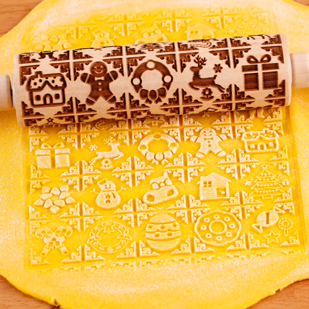 Arjmide Embossed Wooden Christmas Rolling Pin
