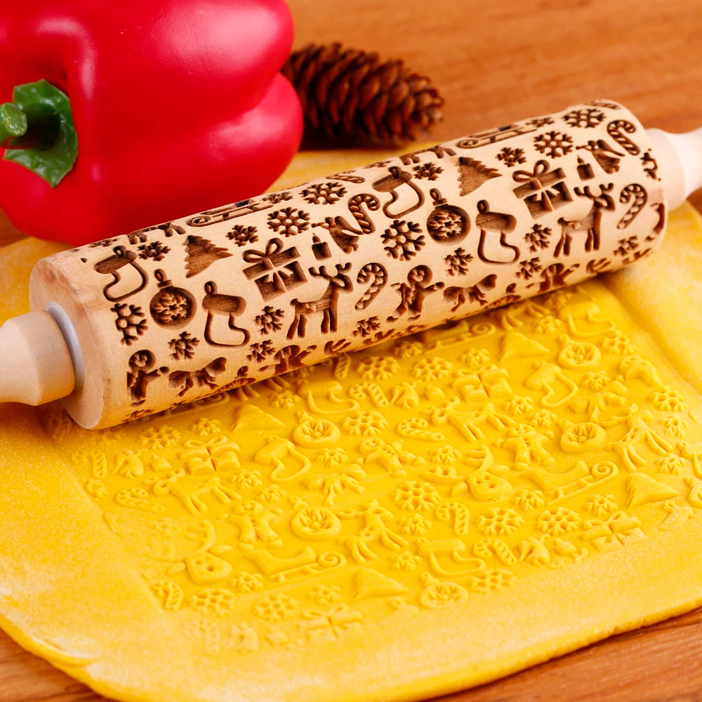 Arjmide Embossed Wooden Christmas Rolling Pin