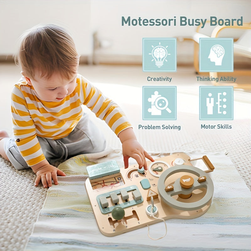 🚗 Wooden Steering Wheel Busy Board Toy