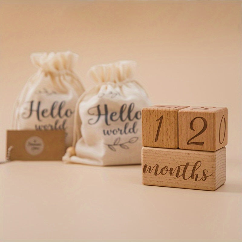 🌙 Wooden Baby Milestone Blocks Set – Light Brown