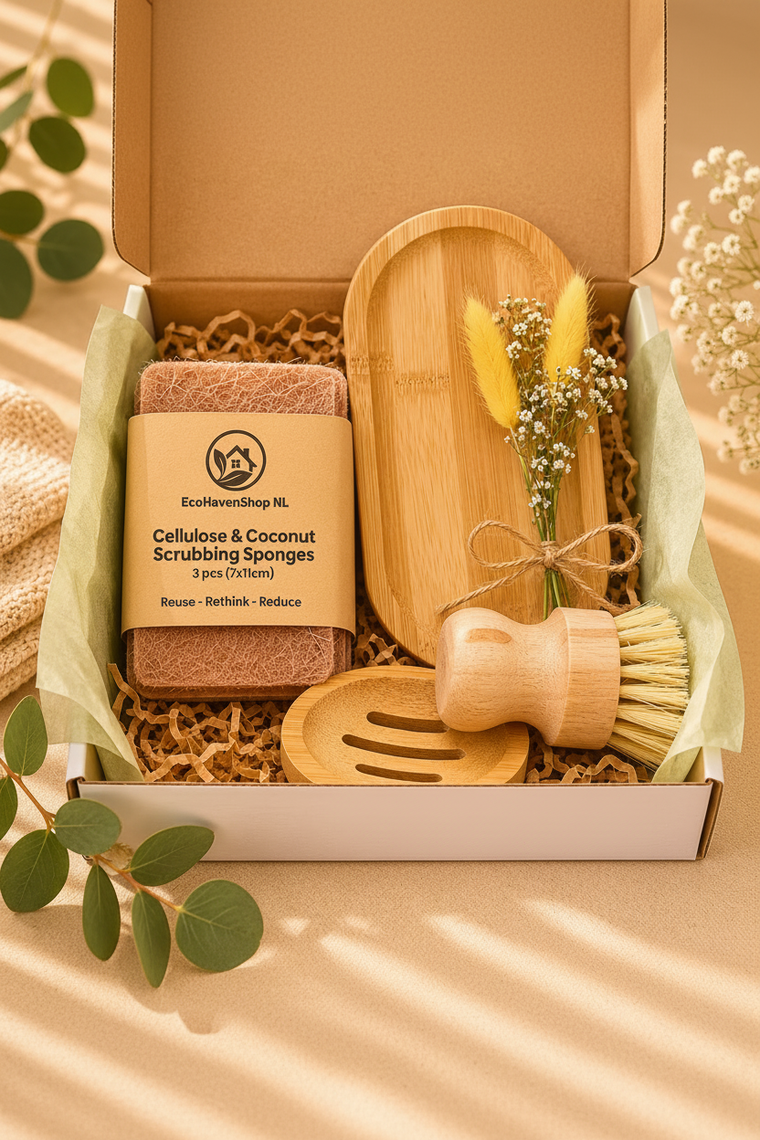 Eco Haven Keuken Cadeauset | Duurzame Schoonmaakset | Moederdag- & Paascadeau | Bamboe Borstel & Kokos Sponzen