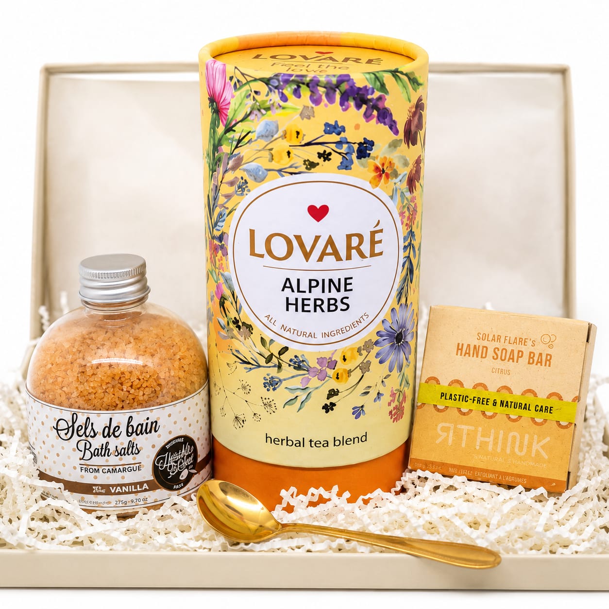 Luxury Lovaré Wellness Gift Set – Alpine Herbs Tea, Vanilla Bath Salt, Citrus Shampoo Bar & Golden Spoon