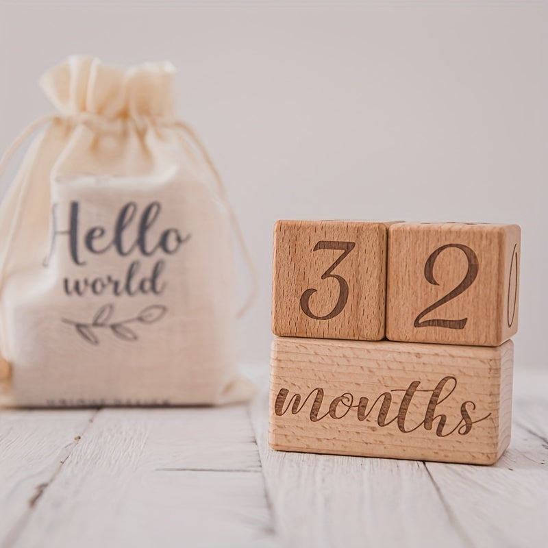 🌙 Wooden Baby Milestone Blocks Set – Light Brown