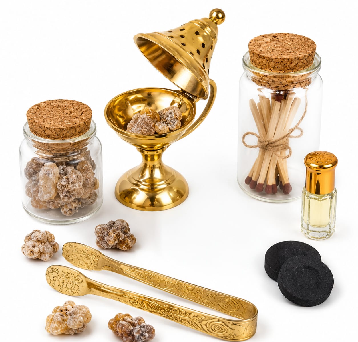 Luxury Arabic Incense & Aromatherapy Ritual Set – Premium Omani Luban, Charcoal, Gold Burner & Arabic Oil Perfume