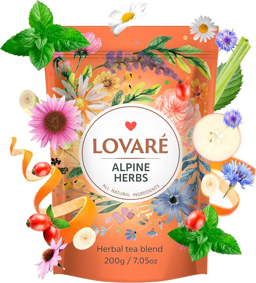 Lovaré Alpine Herbs Luxury Tea Gift Set – 200g Loose Herbal Tea with Gold Heart Infuser & Gold Spoon