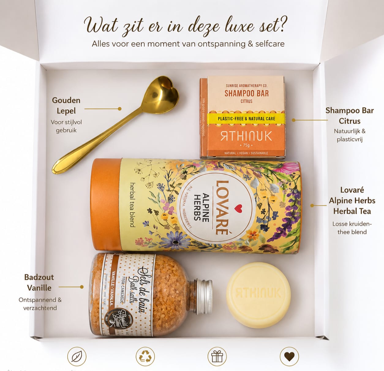 Luxury Lovaré Wellness Gift Set – Alpine Herbs Tea, Vanilla Bath Salt, Citrus Shampoo Bar & Golden Spoon