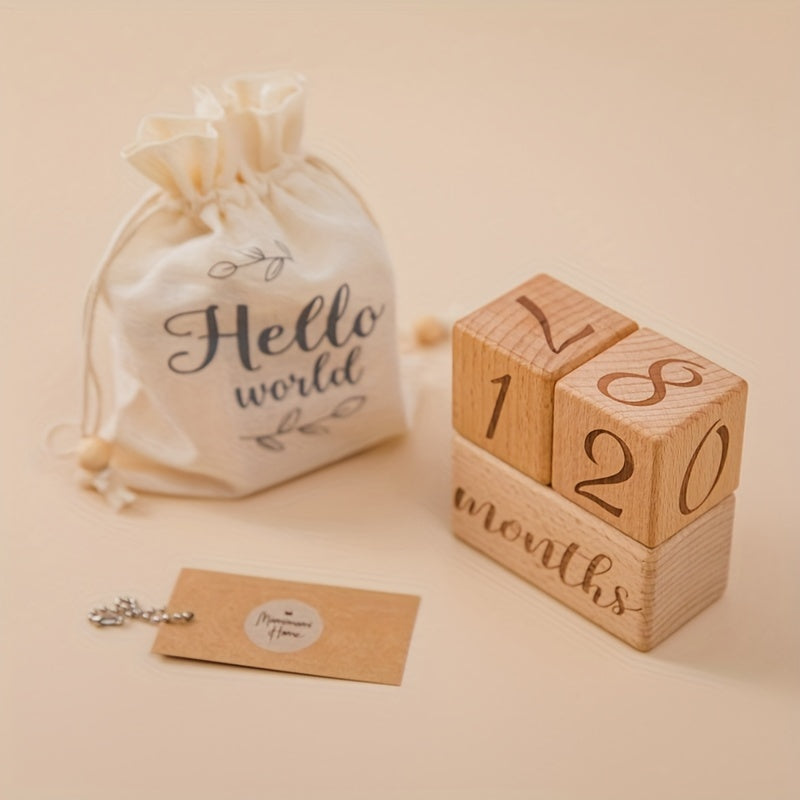🌙 Wooden Baby Milestone Blocks Set – Light Brown