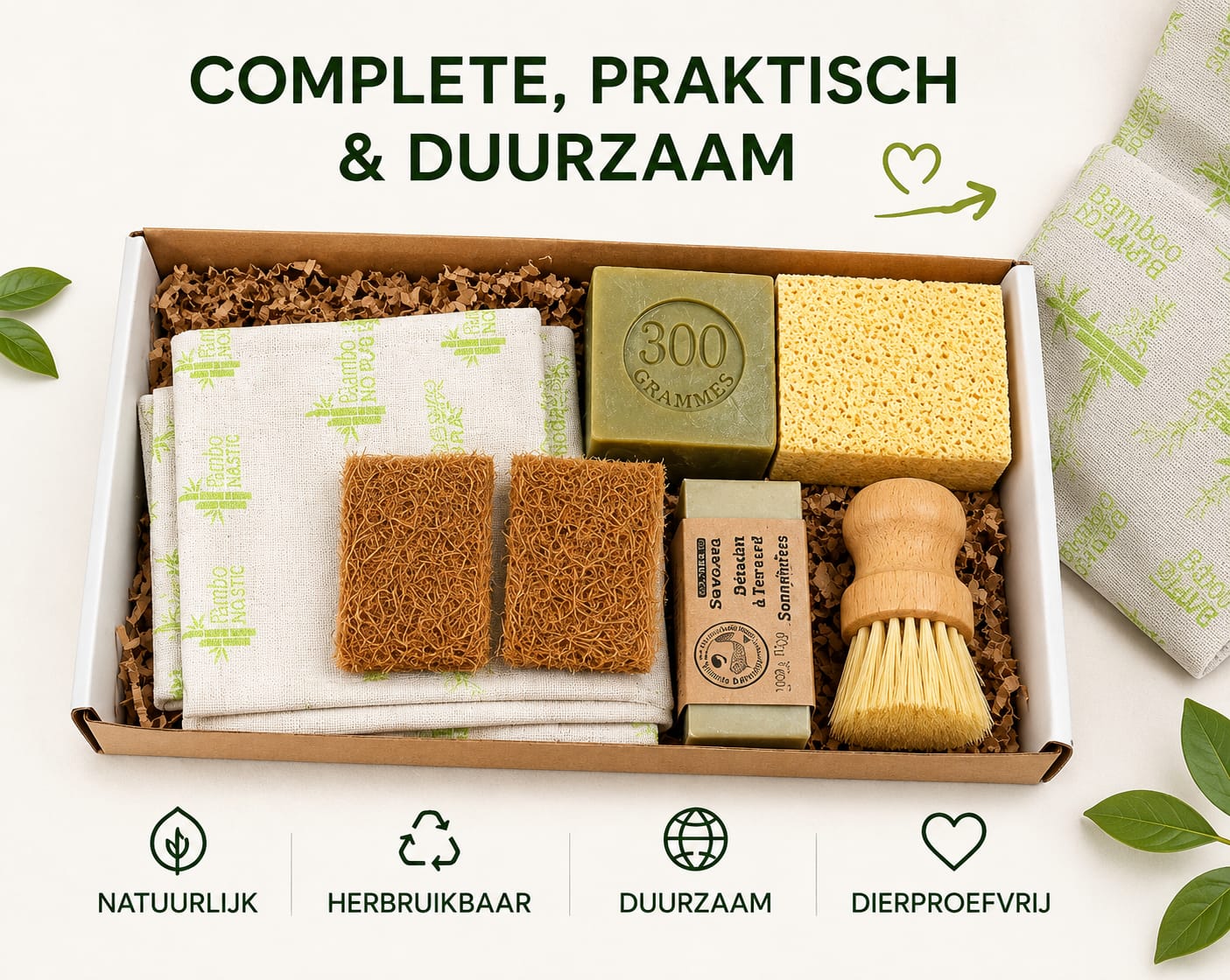 Zero Plastic Cleaning & Laundry Set – Coconut Scrubbers, Marseille Soap 300g, Bamboo Brush & Eco Essentials
