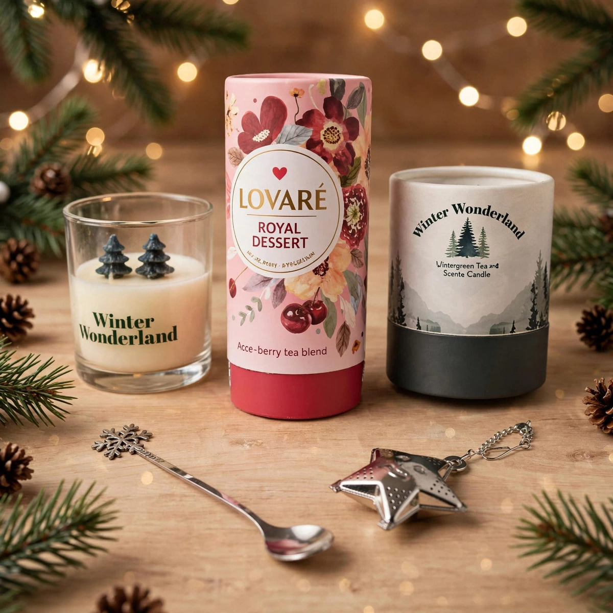 Luxury Lovaré Christmas Tea Gift Set with Candle & Gold Tea Infuser