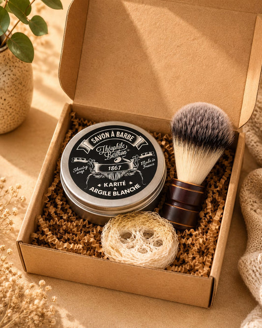 Milieuvriendelijke scheerset – Natuurlijke scheerzeep, houten scheerkwast, loofah zeephouder
