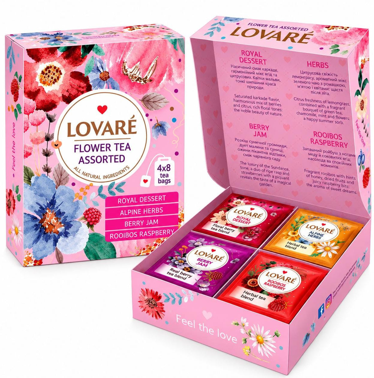 LOVARE Flower Tea Assorted – 32 Tea Bags, 4 Floral & Fruity Blends