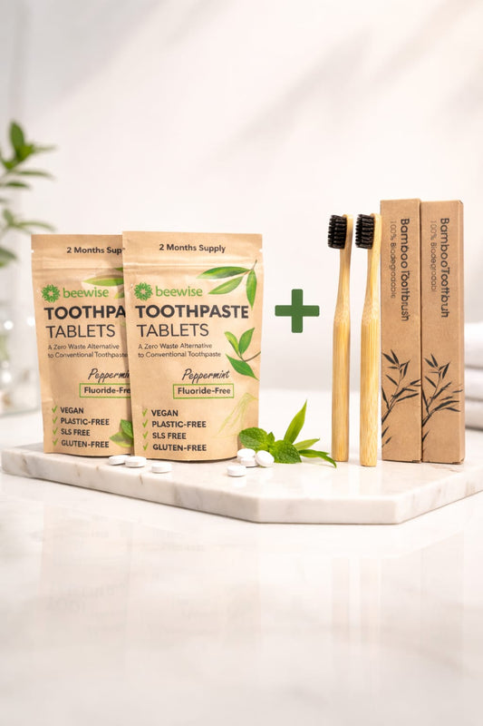 Eco Oral Care Set – 2 Bamboo Toothbrushes + 2 Packs Plastic-Free Vegan Toothpaste Tablets (120 Tabs) – SLS-Free, Zero Waste, Sustainable Oral Hygiene