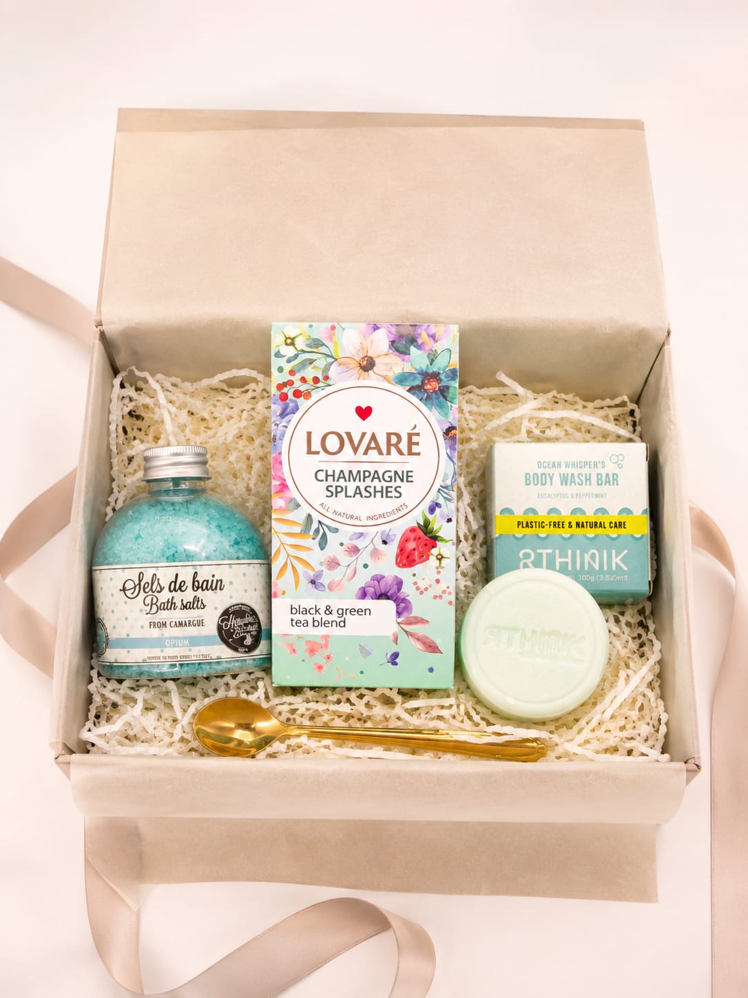 Luxury Wellness Gift Set – Champagne Splashes Tea, Opium Bath Salt & Eucalyptus Mint Shower Bar