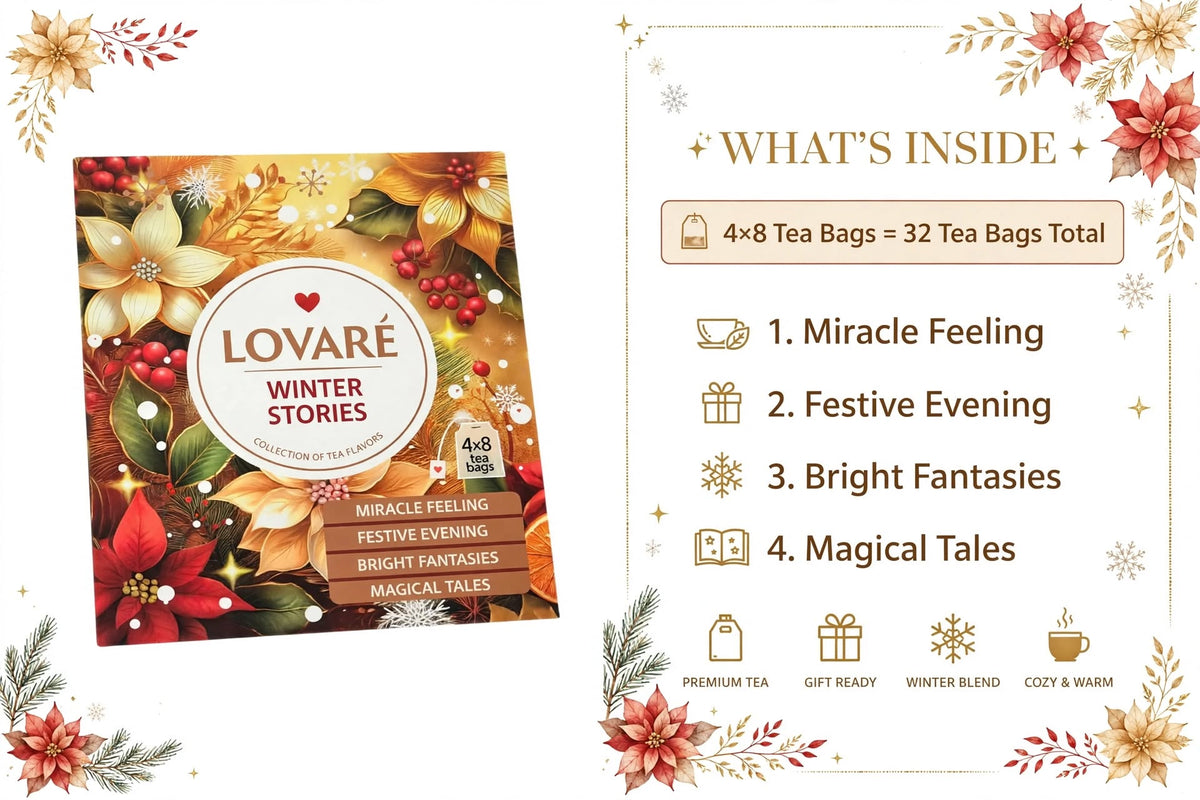 LOVARÉ Winter Stories Tea Collection – 32 Tea Bags, 4 Festive Black Tea Flavours