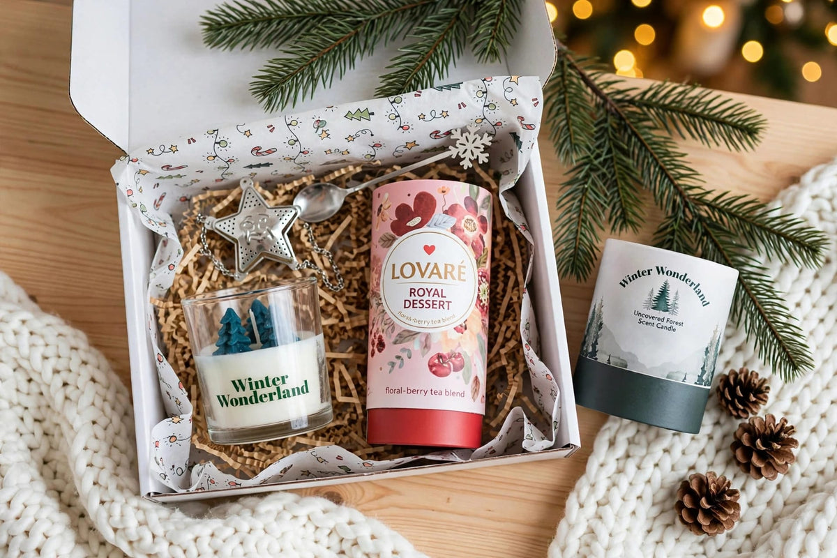 Luxury Lovaré Christmas Tea Gift Set with Candle & Gold Tea Infuser