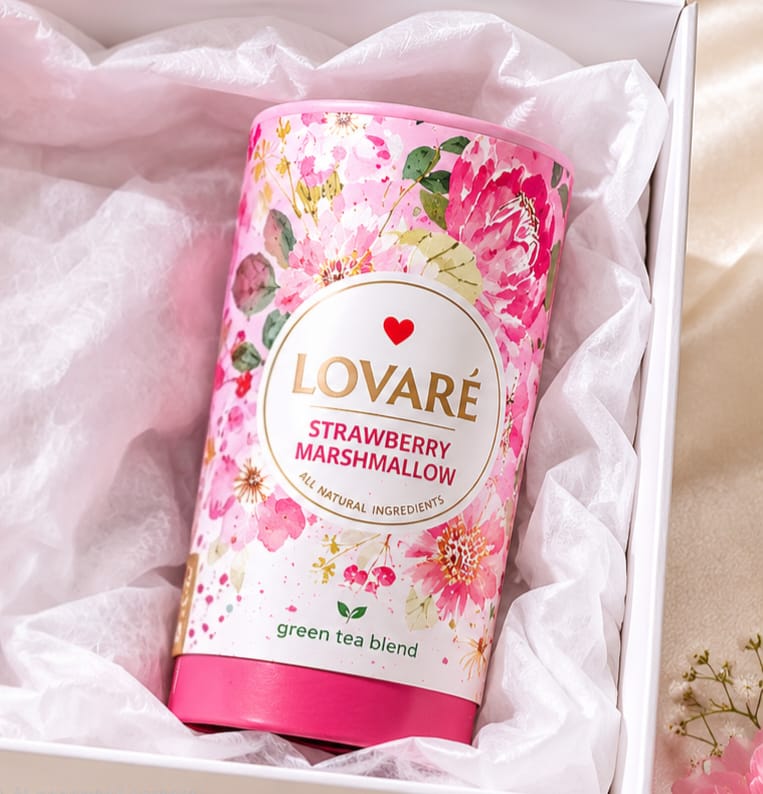 Lovaré Strawberry Marshmallow Green Tea – Premium Loose Leaf Tea with Strawberry & Cornflower Petals
