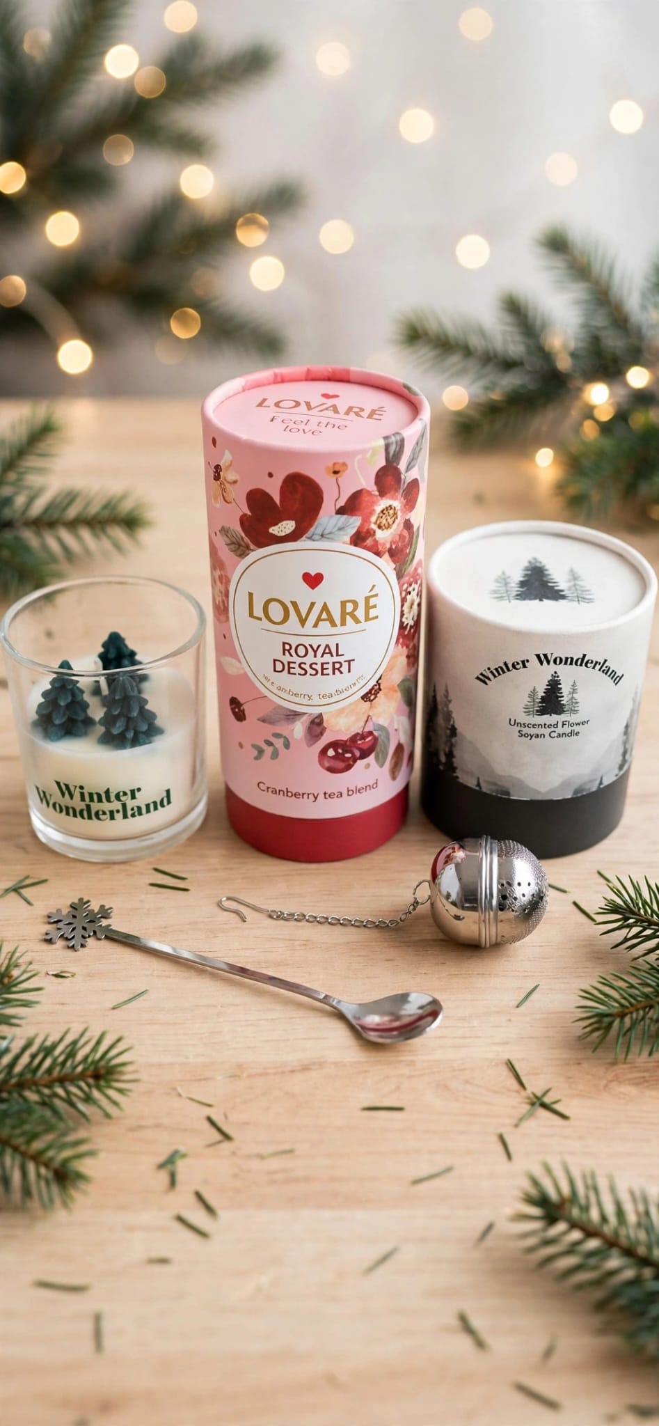 Luxury Lovaré Christmas Tea Gift Set with Candle & Gold Tea Infuser