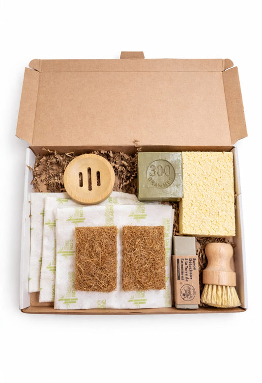 Zero Plastic Cleaning & Laundry Set – Coconut Scrubbers, Marseille Soap 300g, Bamboo Brush & Eco Essentials