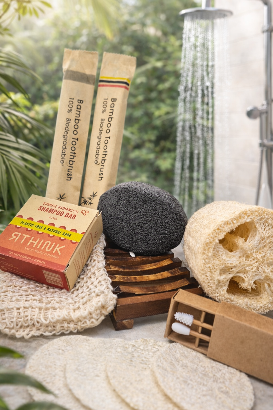 Bamboo toothbrushes, loofah, and other natural cleaning products in a bathroom setting.