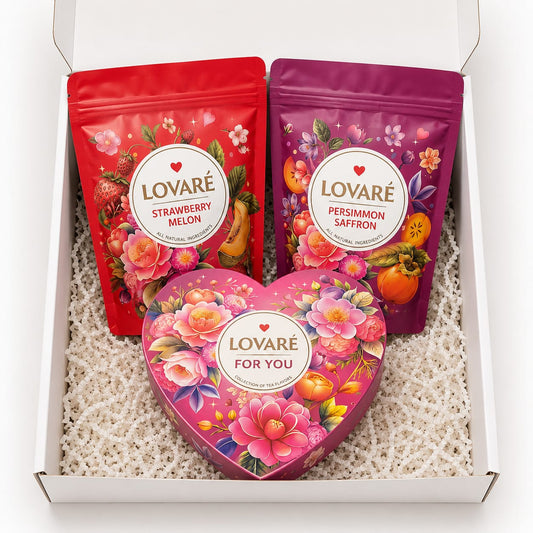 Lovare “With Love” Tea Gift Set – Strawberry & Melon + Persimmon Saffron – 34 Pyramid Tea Bags
