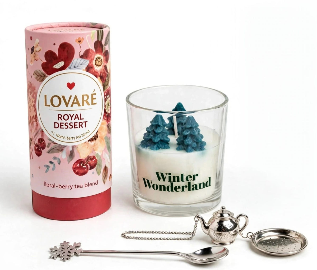 Luxury Lovaré Christmas Tea Gift Set with Candle & Gold Tea Infuser