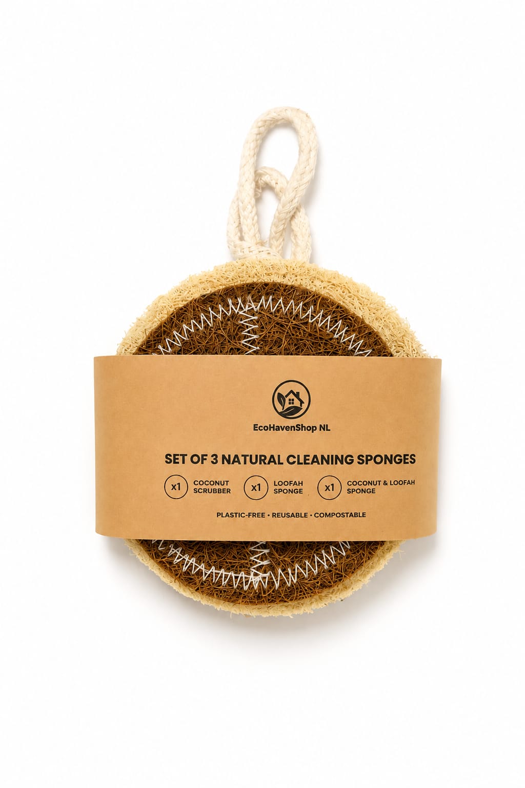 Natural Cleaning Sponge Set – 3 Piece Coconut & Loofah Kitchen Sponges – Plastic-Free, Reusable & Compostable