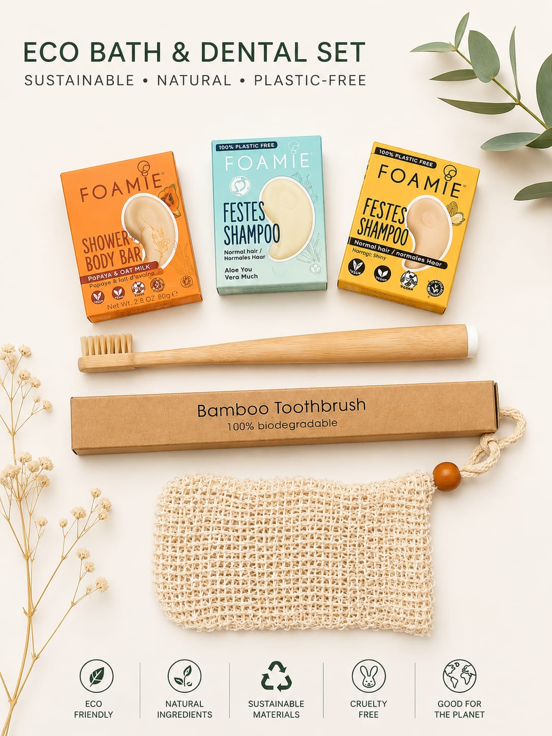 Eco Bath & Dental Travel Set – Sustainable Bathroom Essentials & Plastic-Free Travel Kit